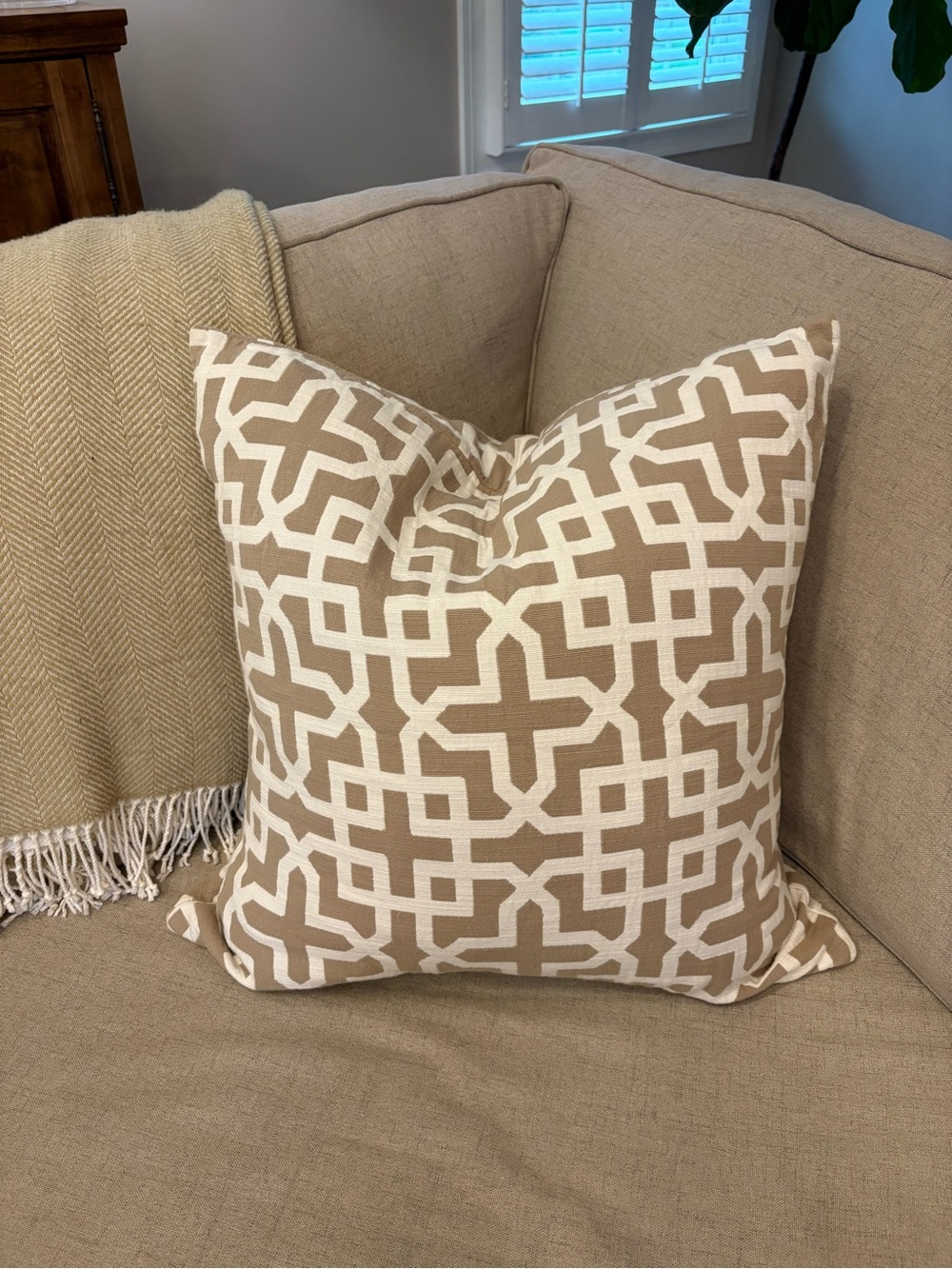 Pottery Barn Tan and White Geometric Accent Pillow Cover 24”x 24”